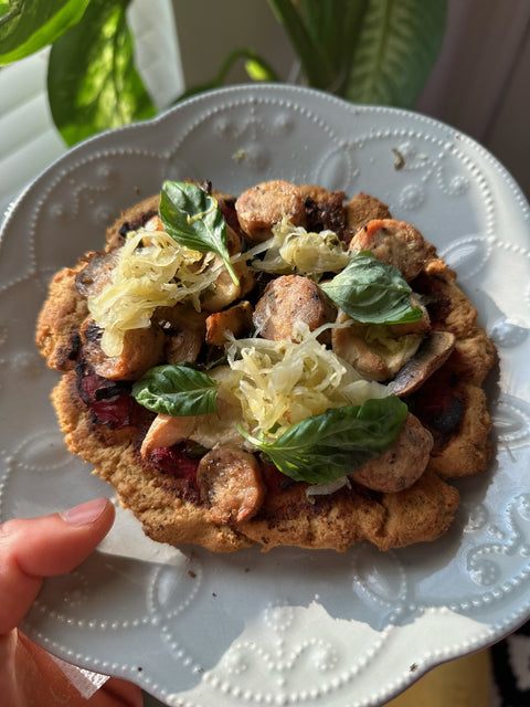 Sarah's Paleo Pizza with HEX Ferments Pizza Kraut